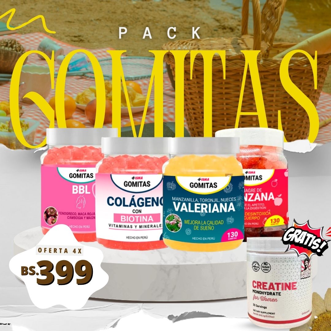 SUPER COMBO Gomitas de Vinagre manzana + Valeriana + BBL + Colágeno + regalo 1 frasco de Creatina
