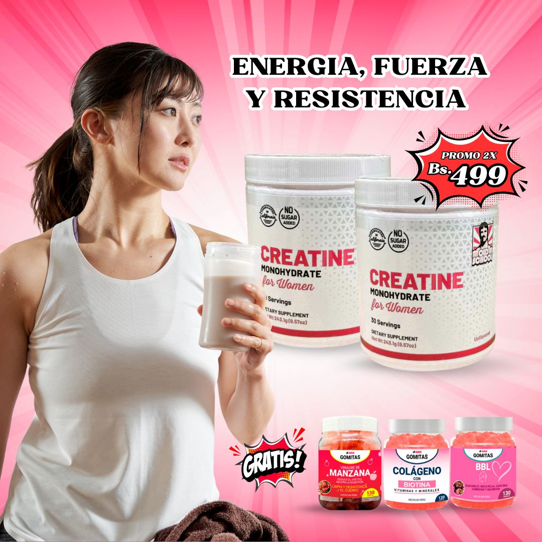 Promo 2 Creatinas + regalo 1 frasco de Gomitas BBL + 1 frasco de Colágeno + 1 frasco de Vinagre de manzana