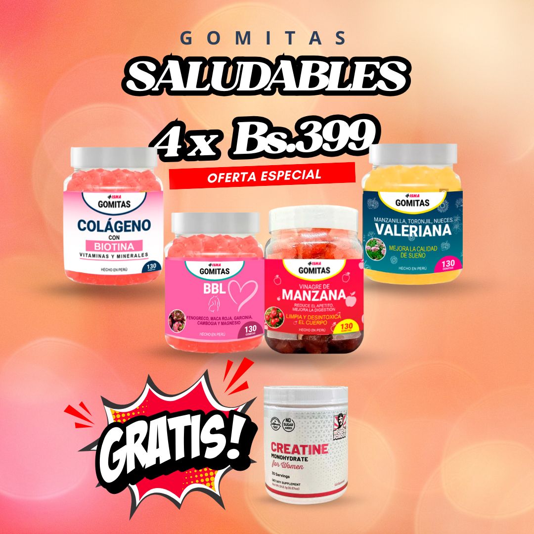 SUPER COMBO Gomitas de Vinagre manzana + Valeriana + BBL + Colágeno + regalo 1 frasco de Creatina